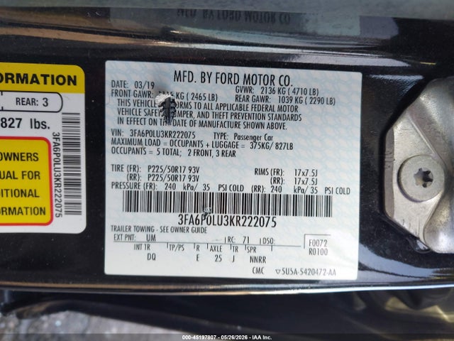 Aukcja sprzedaży 2019 Ford Fusion Hybrid Se, vin: 3FA6P0LU3KR222075, numer aukcji: 45197807