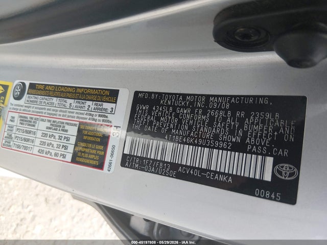 Aukcja sprzedaży 2009 Toyota Camry Le, vin: 4T1BE46K49U359962, numer aukcji: 45197808