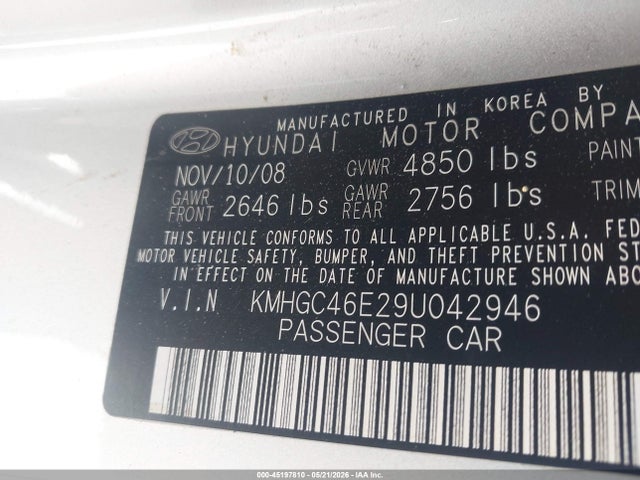 Aukcja sprzedaży 2009 Hyundai Genesis 3.8, vin: KMHGC46E29U042946, numer aukcji: 45197810