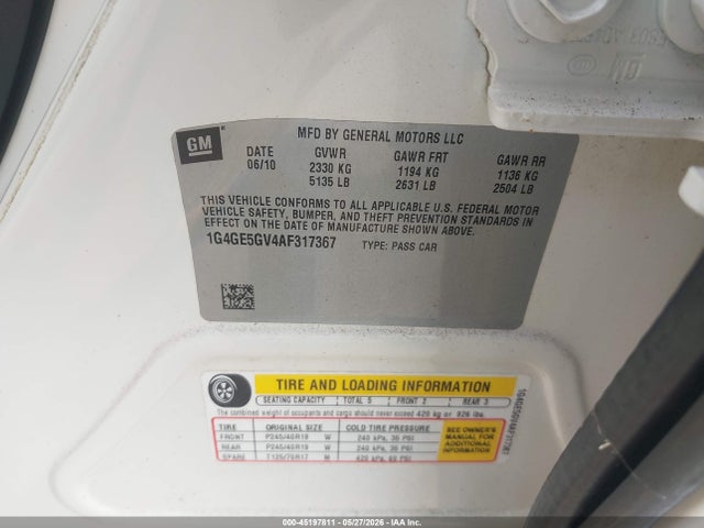 Продаж на аукціоні авто 2010 Buick Lacrosse Cxs, vin: 1G4GE5GV4AF317367, номер лоту: 45197811