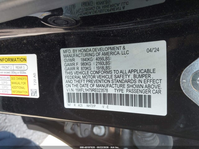 45197825 :رقم المزاد ، 19XFL1H79RE023578 vin ، 2024 Honda Civic Ex-l مزاد بيع