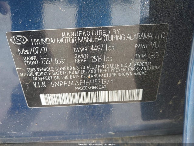 45197829 :رقم المزاد ، 5NPE24AF1HH571974 vin ، 2017 Hyundai Sonata مزاد بيع