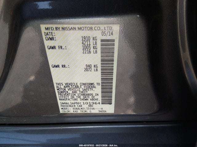 Aukcja sprzedaży 2015 Nissan Altima 2.5 Sv, vin: 1N4AL3AP9FC101964, numer aukcji: 45197832