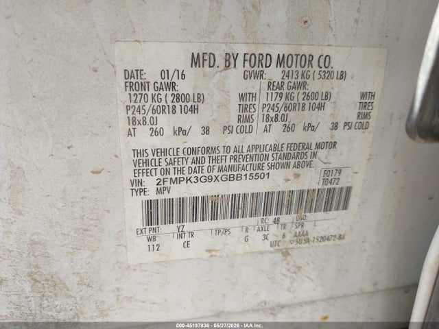 45197836 :رقم المزاد ، 2FMPK3G9XGBB15501 vin ، 2016 Ford Edge Se مزاد بيع