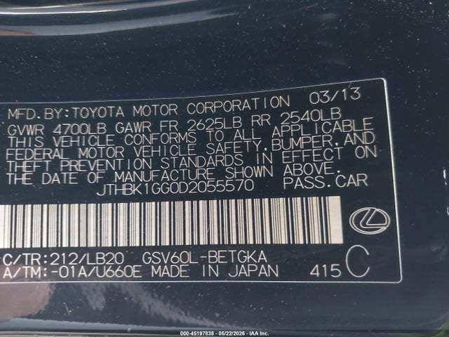 Aukcja sprzedaży 2013 Lexus Es 350, vin: JTHBK1GG0D2055570, numer aukcji: 45197838