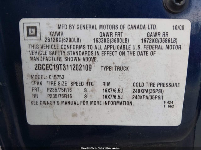 Aukcja sprzedaży 2001 Chevrolet Silverado, vin: 1GCEC19T311202109, numer aukcji: 45197842