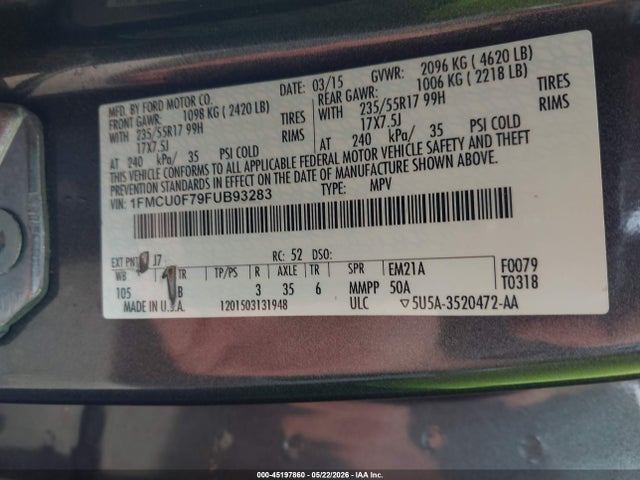 Auction sale of the 2015 Ford Escape S, vin: 1FMCU0F79FUB93283, lot number: 45197860
