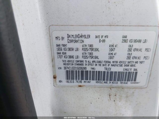Aukcja sprzedaży 2001 Dodge Ram 1500 St, vin: 3B7HC12Z21G226209, numer aukcji: 45197868