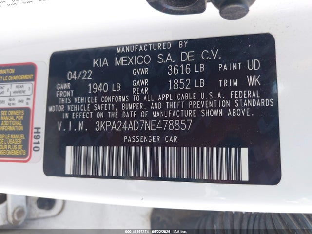 2022 Kia Rio S მანქანა იყიდება აუქციონზე, vin: 3KPA24AD7NE478857, აუქციონის ნომერი: 45197874