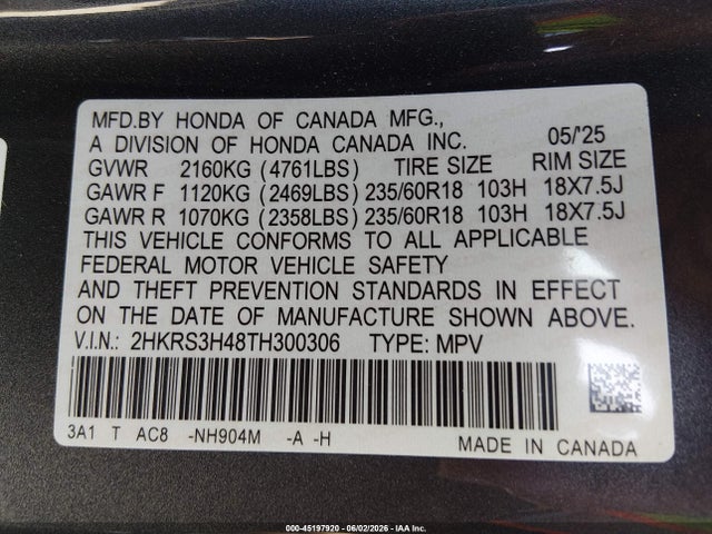 2HKRS3H48TH300306 Honda Cr-v Ex 2wd