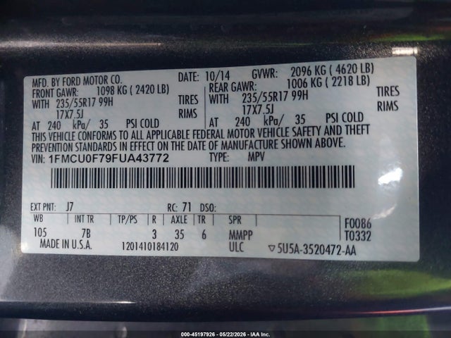 Ford ESCAPE S 2015 1FMCU0F79FUA43772 Image 9