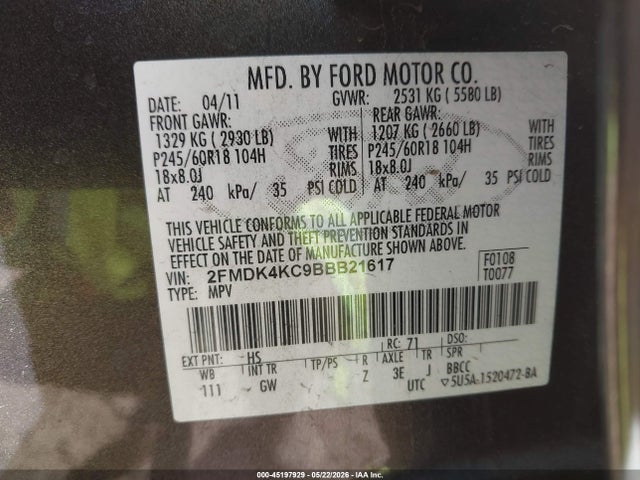 2011 Ford Edge Limited მანქანა იყიდება აუქციონზე, vin: 2FMDK4KC9BBB21617, აუქციონის ნომერი: 45197929