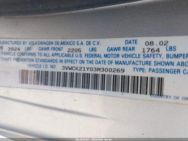 Продаж на аукціоні авто 2003 Volkswagen New Beetle Gls, vin: 3VWCK21Y03M300269, номер лоту: 45197931