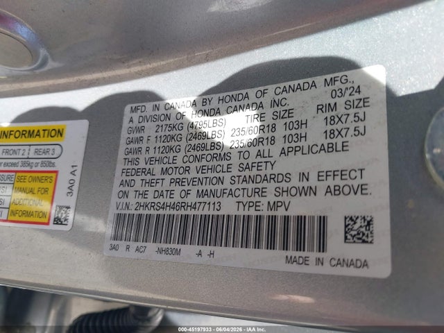 Honda Cr-v Ex Awd 2024 2HKRS4H46RH477113 Image 9