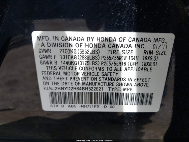 Продаж на аукціоні авто 2011 Acura Mdx Technology Package, vin: 2HNYD2H64BH522621, номер лоту: 45197936