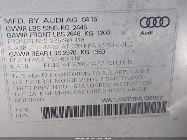 Audi Q5 2.0t Premium 2015 WA1LFAFP7FA136922 Image 9