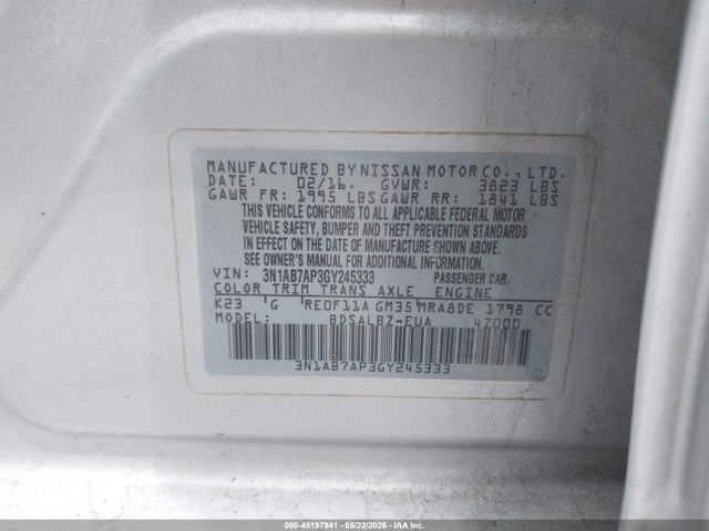 Продажа на аукционе авто 2016 Nissan Sentra Fe+ S/s/sl/sr/sv, vin: 3N1AB7AP3GY245333, номер лота: 45197941