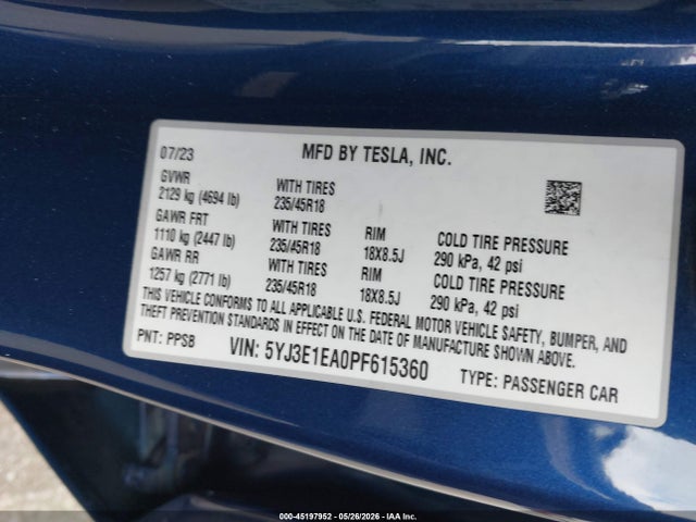 5YJ3E1EA0PF615360 Tesla Model 3 Rear-wheel Drive