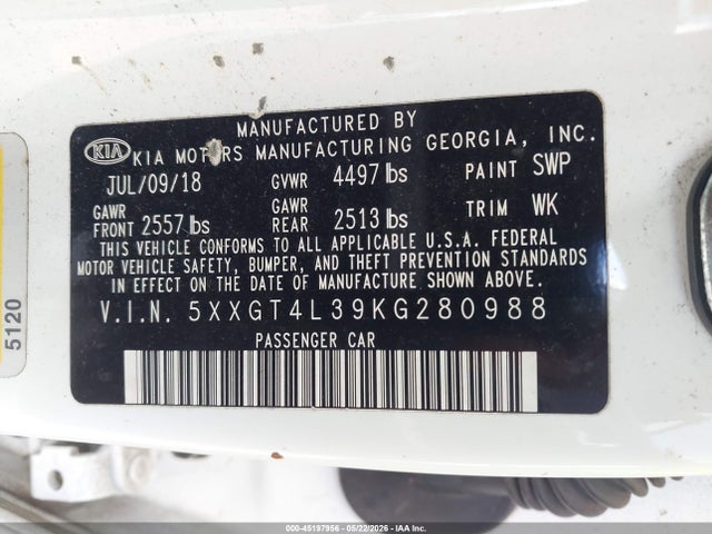 2019 Kia Optima Lx მანქანა იყიდება აუქციონზე, vin: 5XXGT4L39KG280988, აუქციონის ნომერი: 45197956
