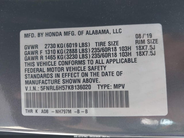 Продаж на аукціоні авто 2019 Honda Odyssey Ex, vin: 5FNRL6H57KB136020, номер лоту: 45197962