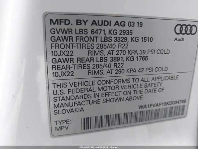Aukcja sprzedaży 2019 Audi Q8 55 Premium, vin: WA1FVAF18KD034789, numer aukcji: 45197965