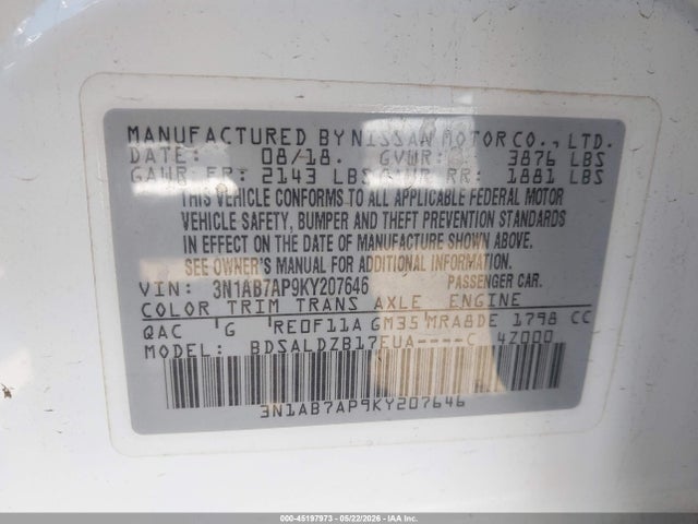 45197973 :رقم المزاد ، 3N1AB7AP9KY207646 vin ، 2019 Nissan Sentra Sv مزاد بيع