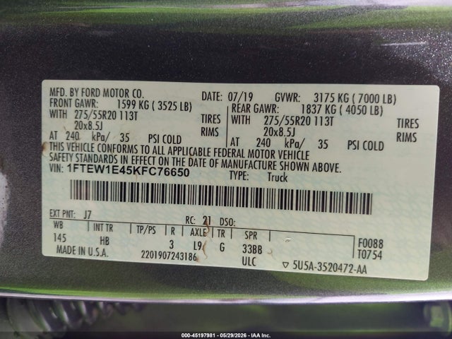 Aukcja sprzedaży 2019 Ford F-150 Lariat, vin: 1FTEW1E45KFC76650, numer aukcji: 45197981