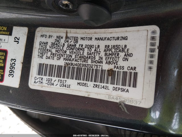 2009 Toyota Corolla S მანქანა იყიდება აუქციონზე, vin: 1NXBU40E99Z027571, აუქციონის ნომერი: 45197993