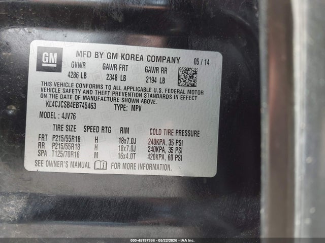 2014 Buick Encore Leather მანქანა იყიდება აუქციონზე, vin: KL4CJCSB4EB745463, აუქციონის ნომერი: 45197998