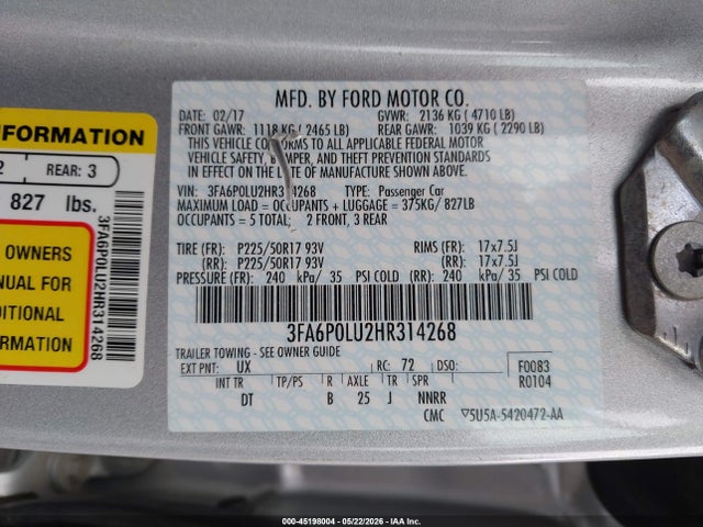 Aukcja sprzedaży 2017 Ford Fusion Hybrid Se, vin: 3FA6P0LU2HR314268, numer aukcji: 45198004