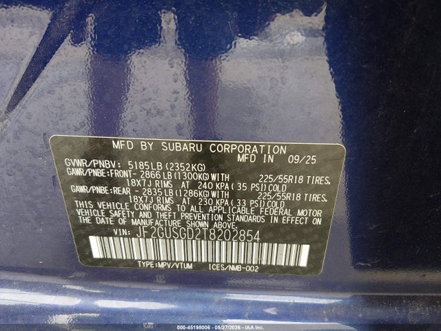 45198006 :رقم المزاد ، JF2GUSGD2T8202854 vin ، 2026 Subaru Crosstrek Sport مزاد بيع