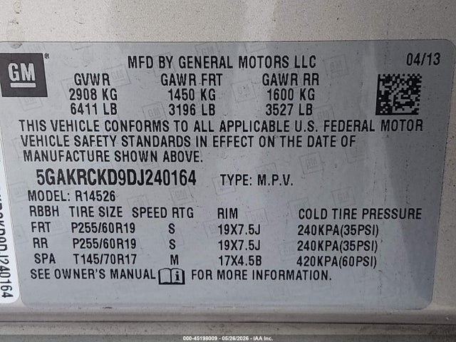 Продаж на аукціоні авто 2013 Buick Enclave Leather, vin: 5GAKRCKD9DJ240164, номер лоту: 45198009