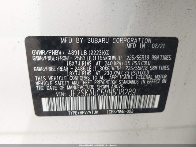 Продаж на аукціоні авто 2021 Subaru Forester Limited, vin: JF2SKAUC5MH508289, номер лоту: 45198039