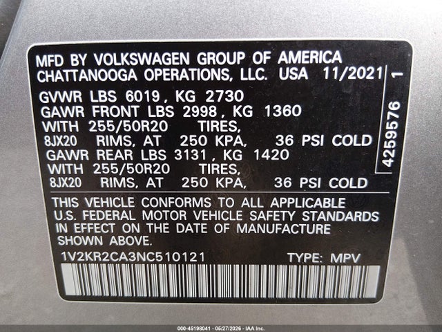 45198041 :رقم المزاد ، 1V2KR2CA3NC510121 vin ، 2022 Volkswagen Atlas 3.6l V6 Se W/technology مزاد بيع