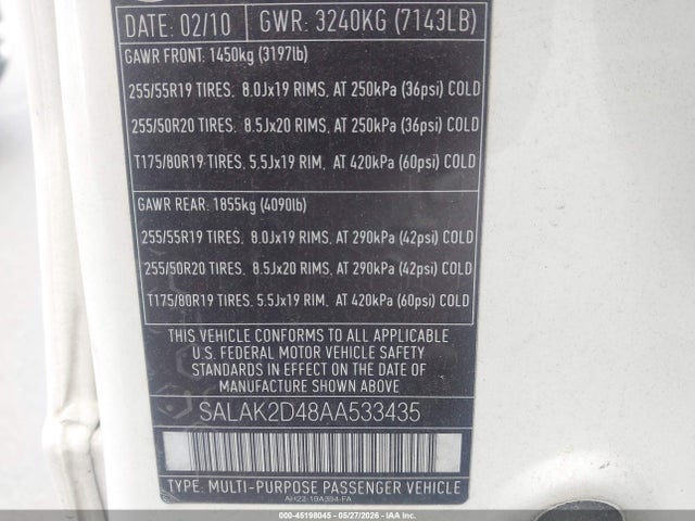 Продаж на аукціоні авто 2010 Land Rover Lr4, vin: SALAK2D48AA533435, номер лоту: 45198045