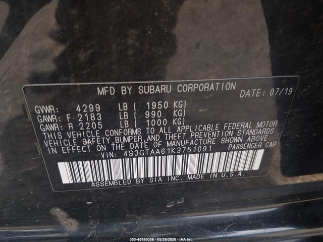 Aukcja sprzedaży 2019 Subaru Impreza 2.0i, vin: 4S3GTAA61K3751091, numer aukcji: 45198056