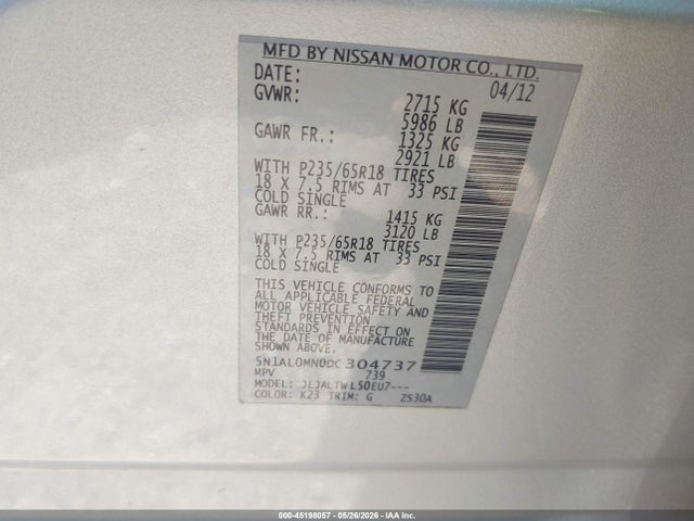 Aukcja sprzedaży 2013 Infiniti Jx35, vin: 5N1AL0MN0DC304737, numer aukcji: 45198057