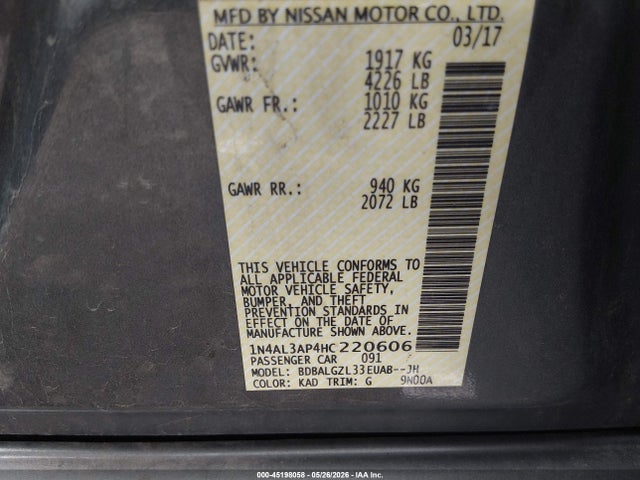 Aukcja sprzedaży 2017 Nissan Altima 2.5 S, vin: 1N4AL3AP4HC220606, numer aukcji: 45198058