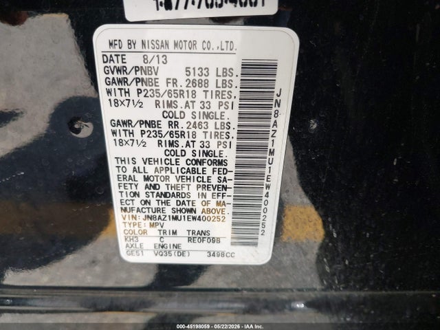 Nissan MURANO S 2014 JN8AZ1MU1EW400252 Image 9