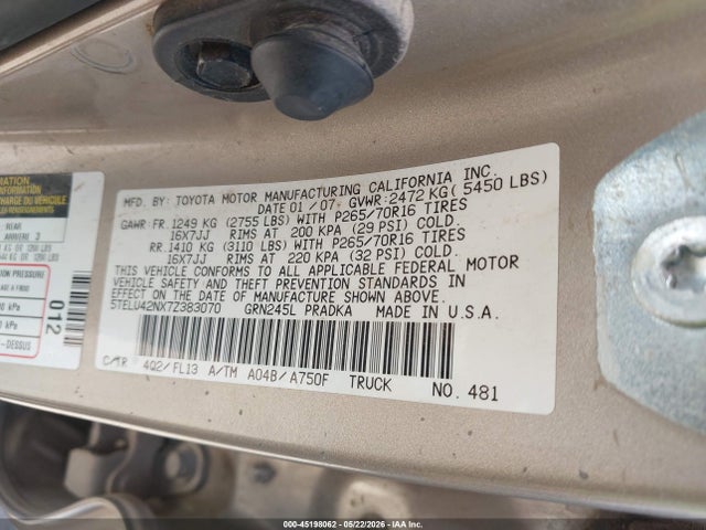 45198062 :رقم المزاد ، 5TELU42NX7Z383070 vin ، 2007 Toyota Tacoma Base V6 مزاد بيع