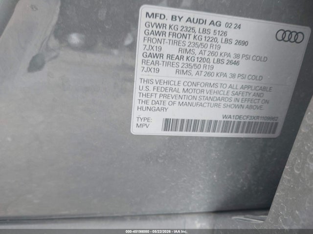2024 Audi Q3 Premium 45 Tfsi S Line Quattro Tiptronic მანქანა იყიდება აუქციონზე, vin: WA1DECF3XR1109962, აუქციონის ნომერი: 45198080