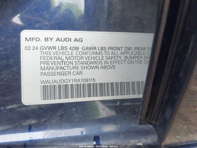 2024 Audi A3 Premium 40 Tfsi Front-wheel Drive S Tronic მანქანა იყიდება აუქციონზე, vin: WAUAUDGY1RA109115, აუქციონის ნომერი: 45198081