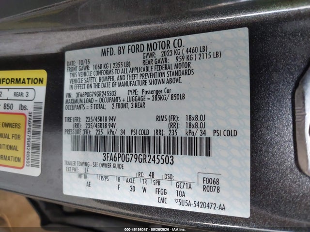 Aukcja sprzedaży 2016 Ford Fusion S, vin: 3FA6P0G79GR245503, numer aukcji: 45198087