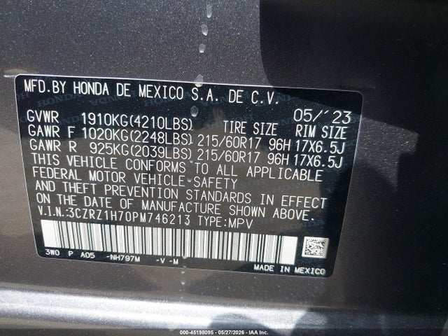 3CZRZ1H70PM746213 Honda Hr-v 2wd Ex-l