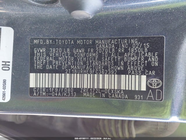 2015 Toyota Corolla S Plus მანქანა იყიდება აუქციონზე, vin: 2T1BURHE9FC362392, აუქციონის ნომერი: 45198111