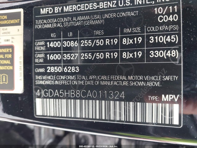 Auction sale of the 2012 Mercedes-benz Ml 350 4matic, vin: 4JGDA5HB8CA011324, lot number: 45198115