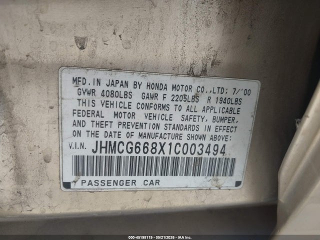 2001 Honda Accord 2.3 Ex მანქანა იყიდება აუქციონზე, vin: JHMCG668X1C003494, აუქციონის ნომერი: 45198119