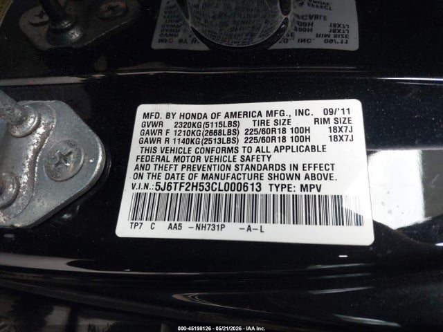 45198126 :رقم المزاد ، 5J6TF2H53CL000613 vin ، 2012 Honda Crosstour Ex-l مزاد بيع