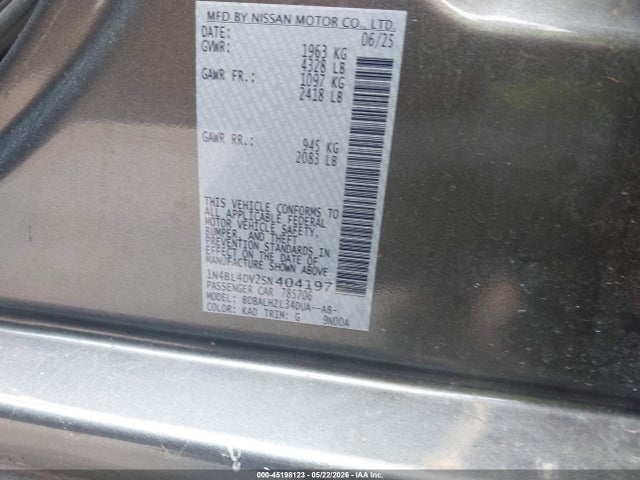 Продаж на аукціоні авто 2025 Nissan Altima Sv Fwd, vin: 1N4BL4DV2SN404197, номер лоту: 45198123