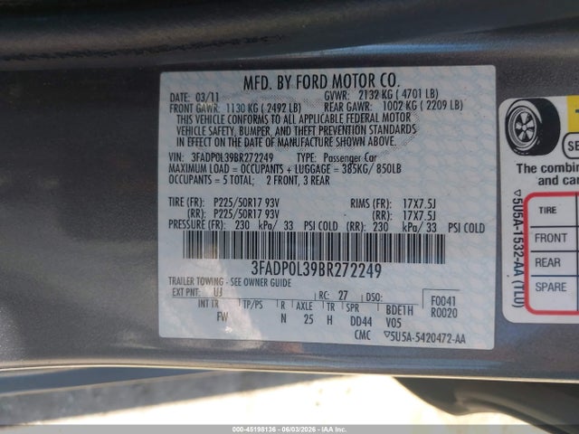 45198136 :رقم المزاد ، 3FADP0L39BR272249 vin ، 2011 Ford Fusion Hybrid مزاد بيع